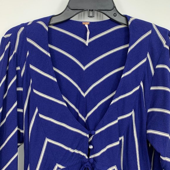 Free People Top Samifran Blue Stripe V Neck Button Long Sleeve - Picture 6 of 12